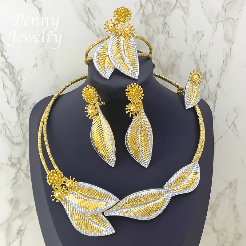 

Unique Golden Leaf Shaped Gold Plated 4Pcs Jewelry Set for Women Necklace Drop Earrings Bracelet Ring Bridal Wedding Party Gifts