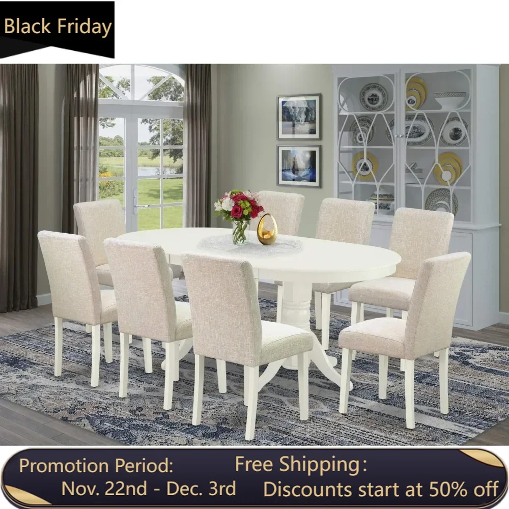 9 Piece Dining Room Set Includes an Oval Wooden Table with Butterfly Leaf and 8 Light Beige