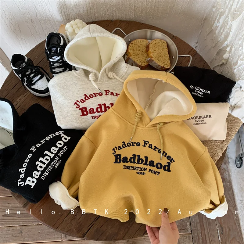 Boys Hoodies Sweatshirts Cotton Thicken Plus Velvet 2022 Yellow Warm Winter Autumn Pullover Baby's Kids Children's Clothing