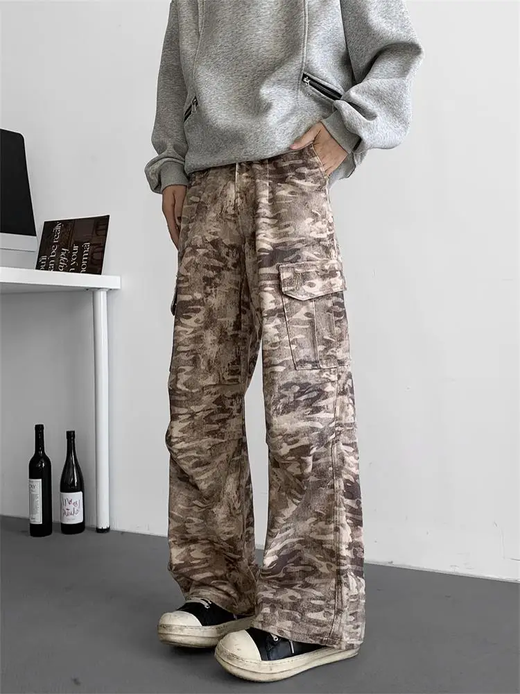 

Washed out Camouflage Men's Jeans Loose Straight Leg Wide Leg Casual Pants Trendy Brand Cleanfit Spring Season Casual Wear