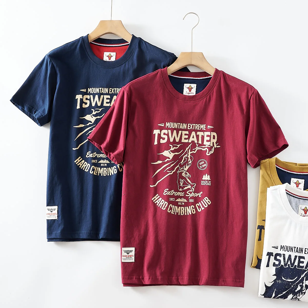 2025 Summer American Retro Short Sleeve O-neck Letter Climbing Club Printed T-shirt Men's Fashion 100% Cotton Washed Casual Tops