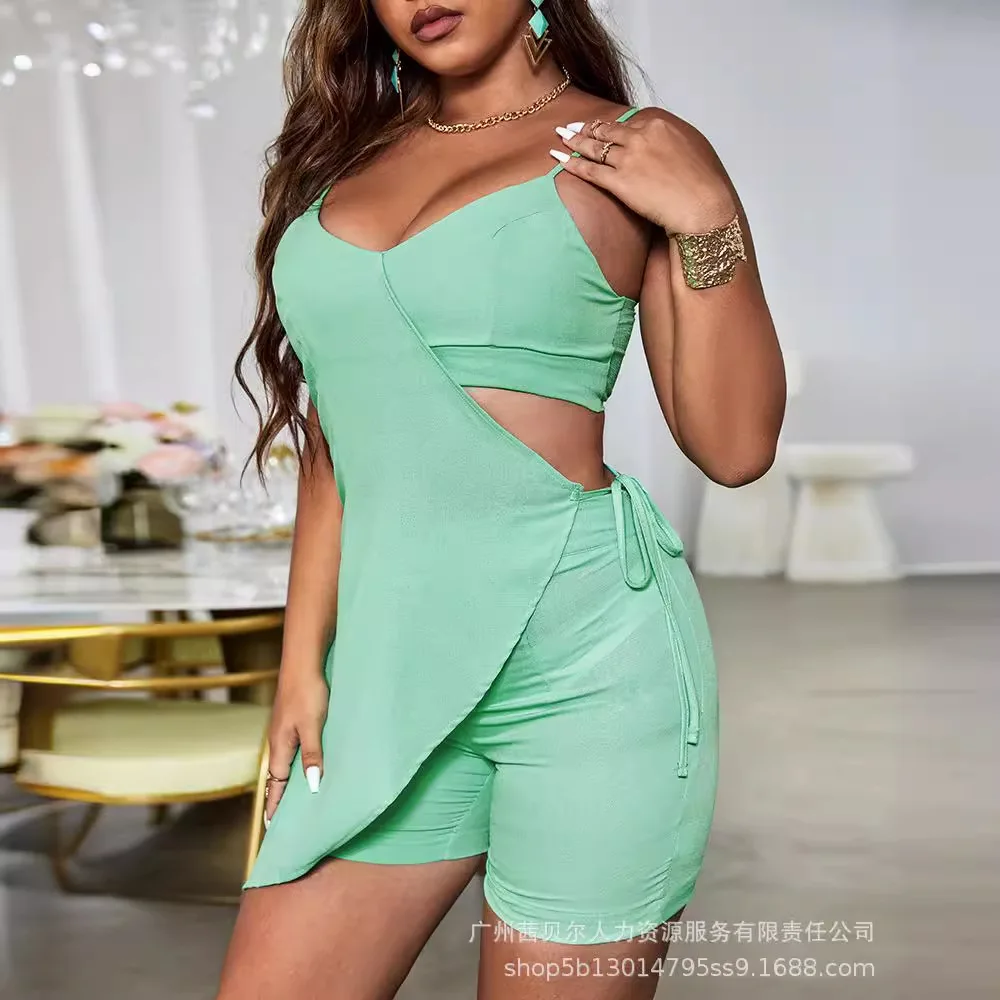 Ladies Two Piece Set Outfits Light Green Asymmetrical Design Suspender Shorts and Top Womens Sets