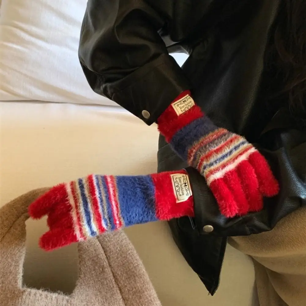 Korean Style Colorful Striped Gloves Harajuku Rainbow Color Striped Knitted Gloves Warm Comfortable Full Fingers Mittens Skiing