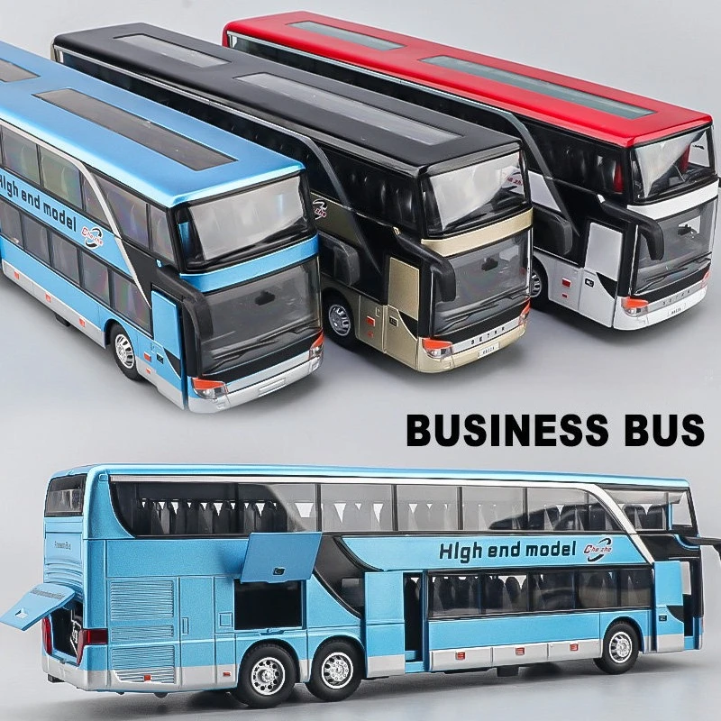 1:30 Long-distance Double-deck Bus Model Toys Alloy Diecast Mini Business Buses Sound Light Door Opened Pull Back for Kids Gifts