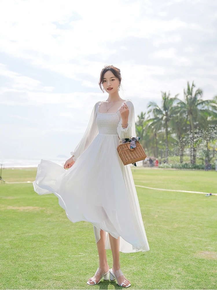 엘레 여름 비치 바캉스 롱 스커트 울트라 페어리 티 포레스트 시스템 스퀘어 칼라 롱 실크 쉬폰 슬리밍 드레스