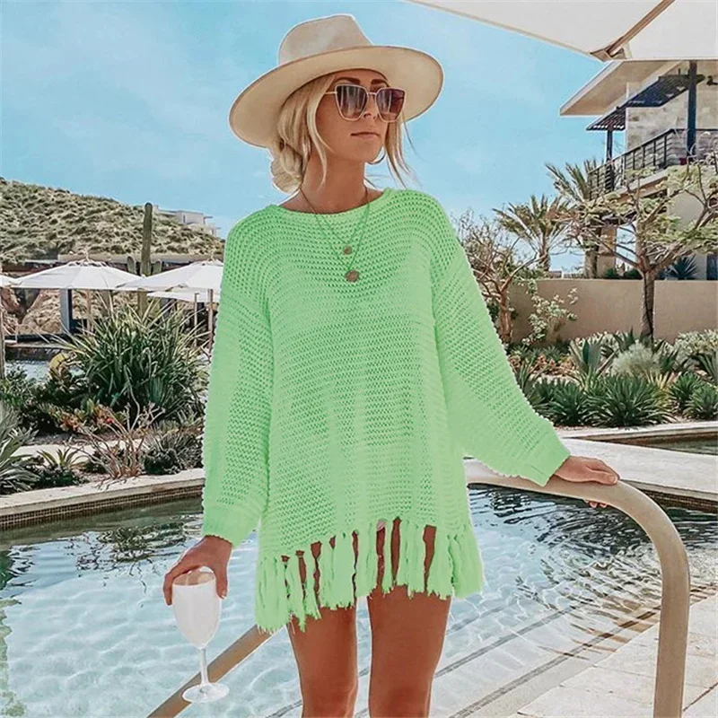 2024, weißes Netzkleid, Bikini-Vertuschungen, sexy, durchsichtig, aushöhlen, Quastenkleid, Damenbekleidung, Strandkleidung, Badeanzug, Vertuschung