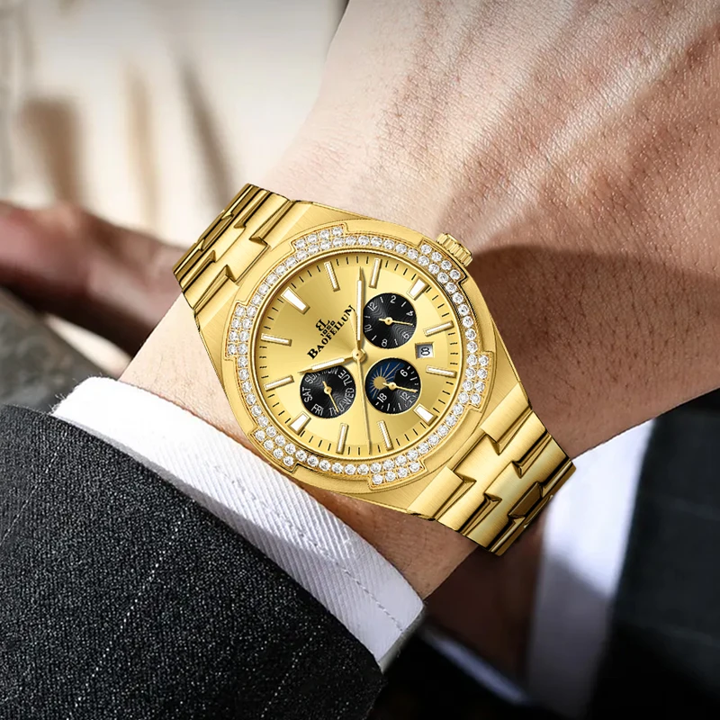 BAOFEILUN ساعة ذهبية فاخرة للرجال ساعات آلية أوتوماتيكية مرآة الياقوت التقويم الكامل الماس مجموعة فستان ساعة اليد هدية