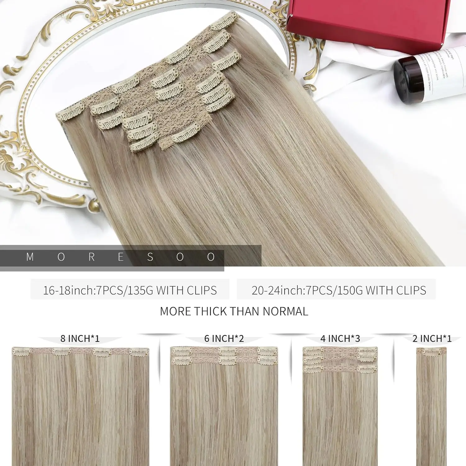 Moresoo Clip in Hair Extensions Human Hair Full Head 7pcs 135G & 150G Full Head Brazilian Hair Natural Double Weft Clip Hair