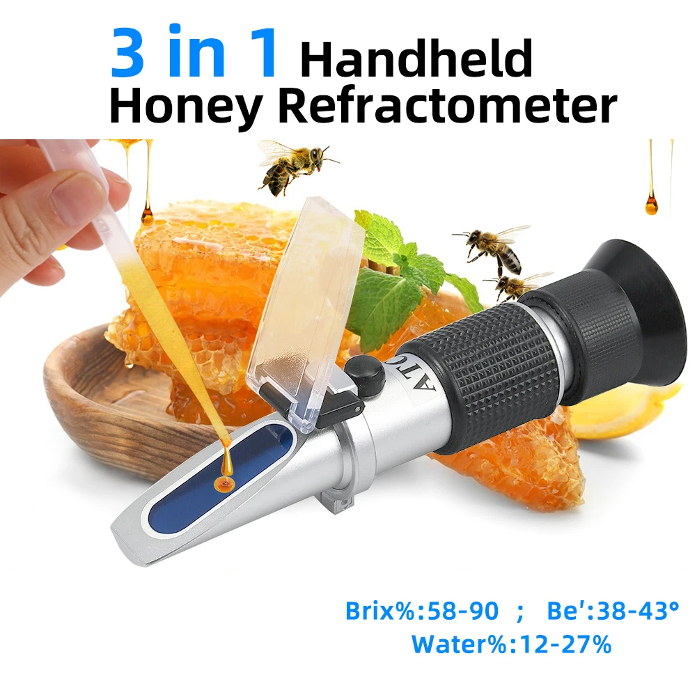 3 in 1 Honey Refractometer for Honey Moisture 58-90% Brix Sugar Concentration Meter Handheld ATC for 38-43 Baume Degrees Tester