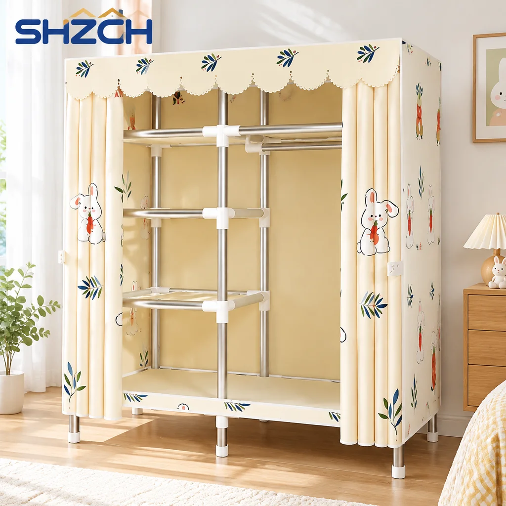‌Portable Fabric Closet, Multi-Tier Steel Wardrobe, Rust-Resistant Compact Cabinet Waterproof Storage Organizer with Multi-Colo