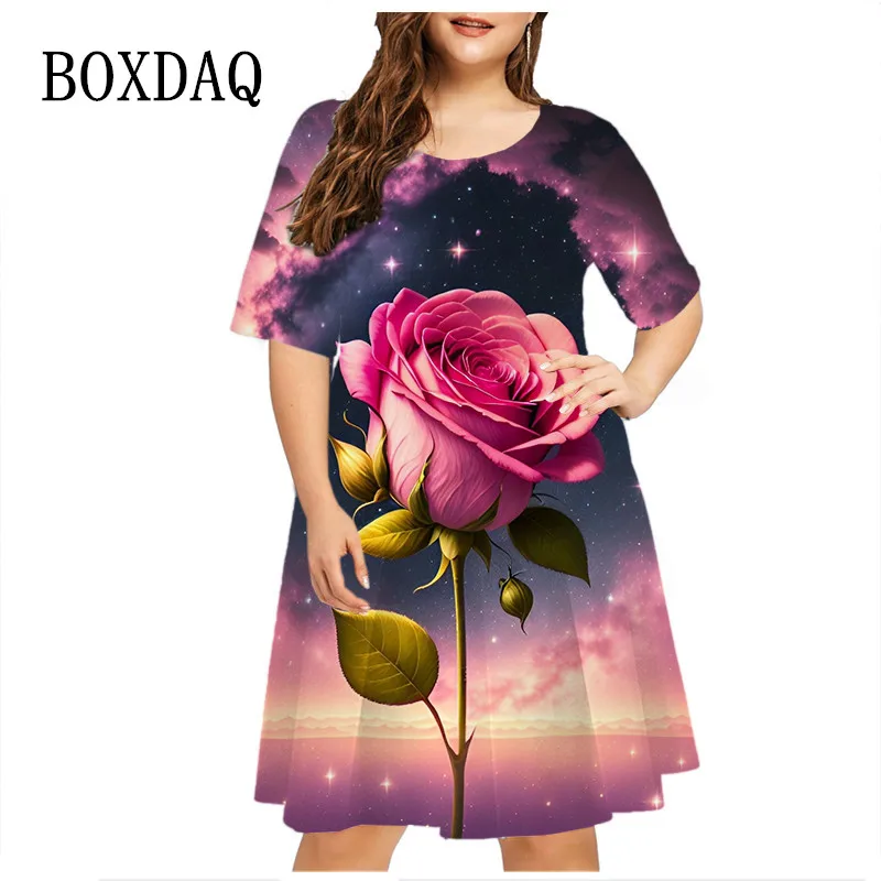 Tie Dye Starry Sky Rose Floral Print Dress Women Fashion Short Sleeve Loose Plus Size Dress Summer Casual Party Mini Dress 6XL