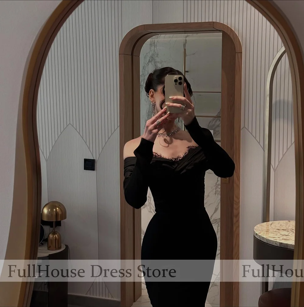 العرف الأسود قبالة الكتف كم طويل مطوي ثوب مسائي قطار عارية الذراعين حورية البحر مثير ماكسي فستان عربي سعودي مع الدانتيل