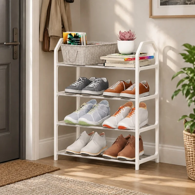 Space-Saving 4-Level Shoe Rack with Angular Frame Design for Living Area Organization