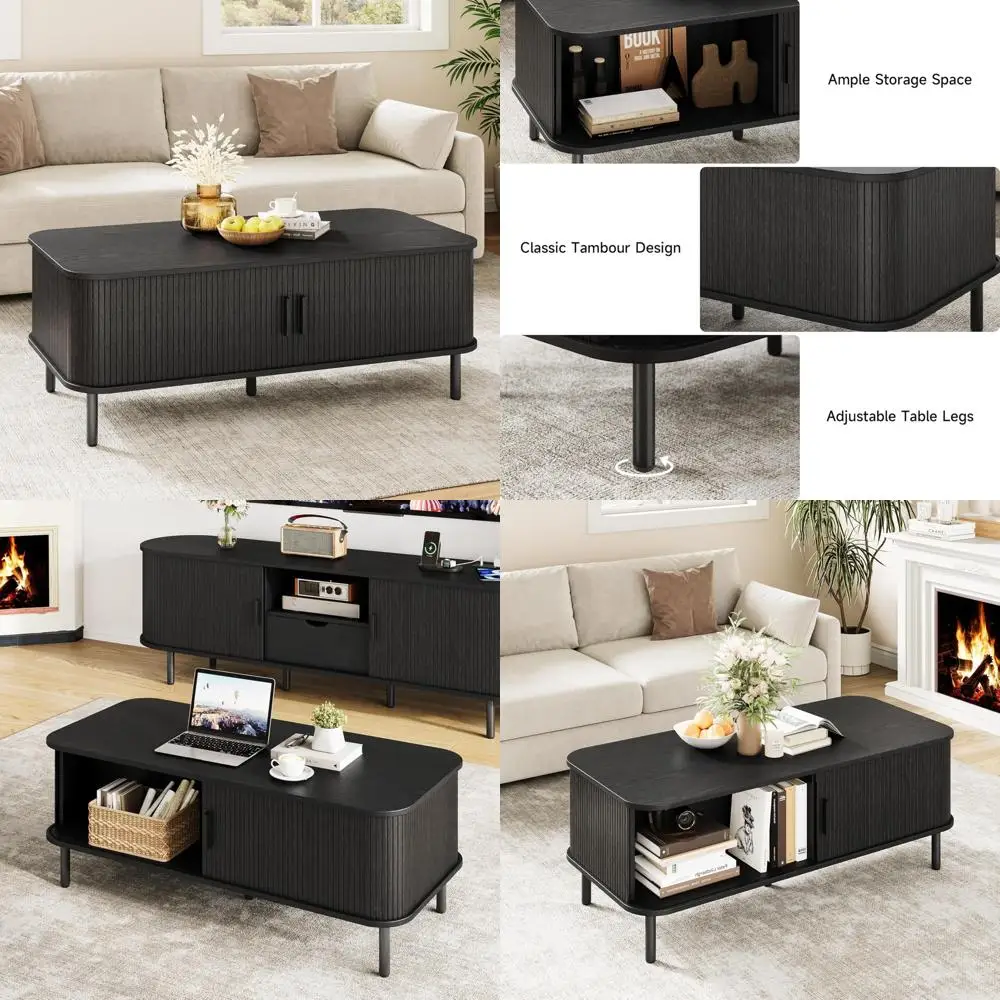 Mid-Century Modern Rectangular Coffee Table with Storage, 47.2 Living Room Wood Centerpiece with Sliding Shelf