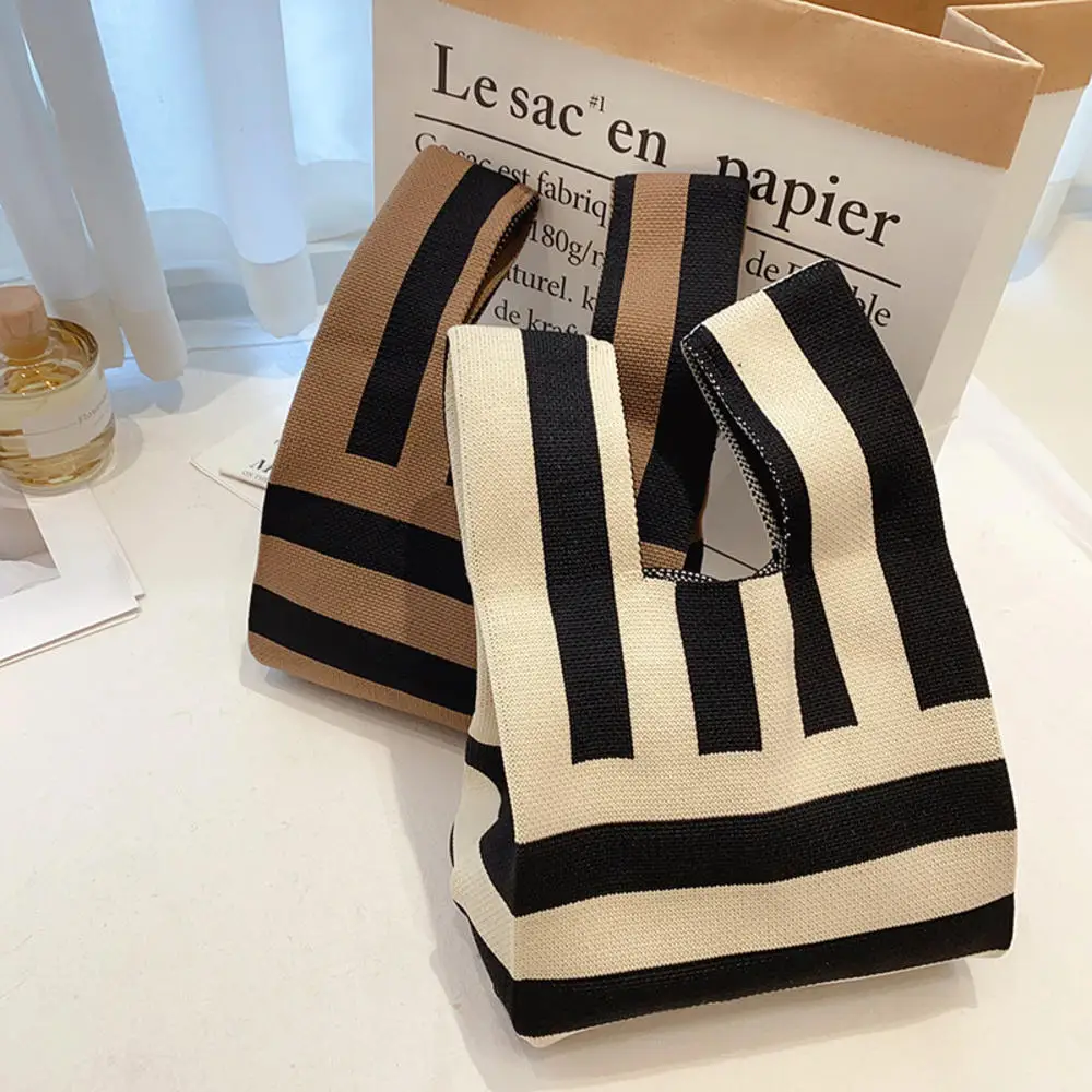 Handmade Knit Handbag Women Mini Knot Wrist-bag Female Casual Color Wide Stripe Plaid Tote Bag Student Reusable Shopping Bag