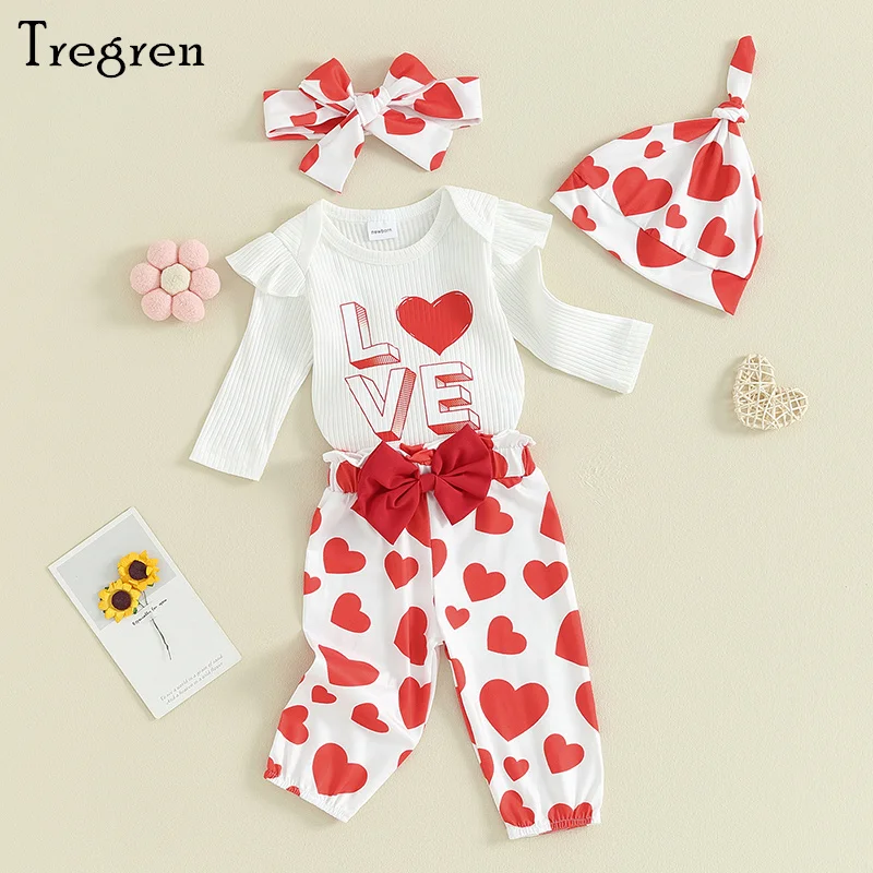 

Tregren Newborn Baby Girl Valentine's Day Outfit Long Sleeve Romper with Heart Print Pants and Hat Headband 4Pcs Set Clothes