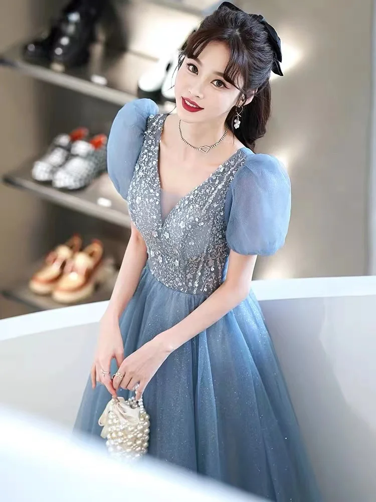 

Light Luxury Blue Prom Party Dress A-Line V-Neck Short Sleeve Sequined Back Bandage Formal Banquet Gowns Robe De Soiree Vestidos