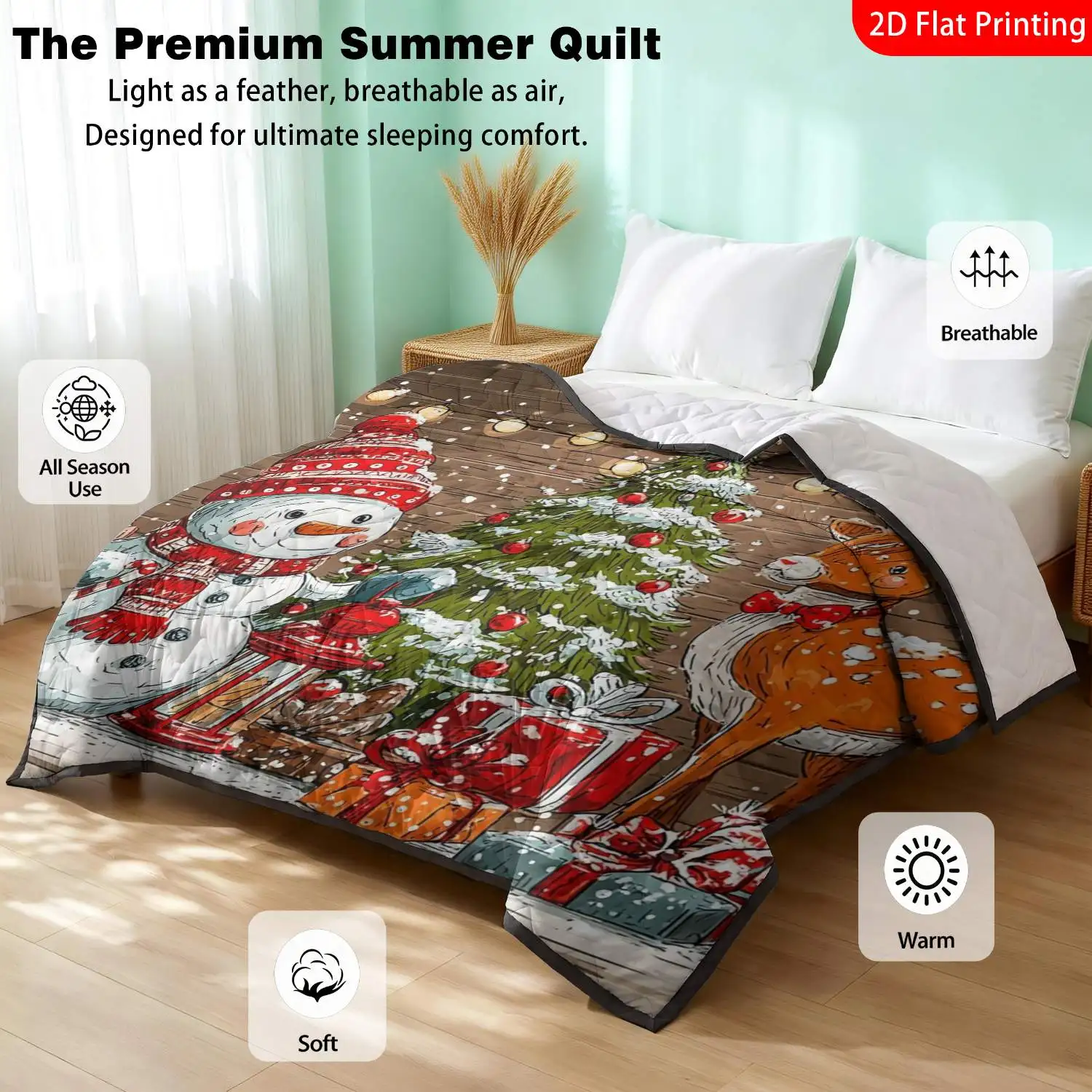 1pc Thin Quilt/2D Flat Print Christmas Snowman Reindeer Tree Print with Red Green Color/Machine Washable And Resistant to Deform