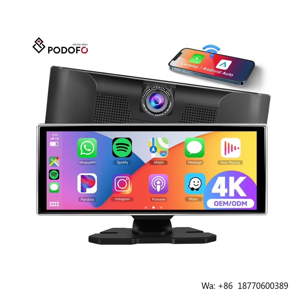 Podofo 11.26'' Portable Wireless CarPlay Android Auto 4K Dual Lens DVR Monitor Car Radio Support Rear Camera for Cars Trucks Van view 2