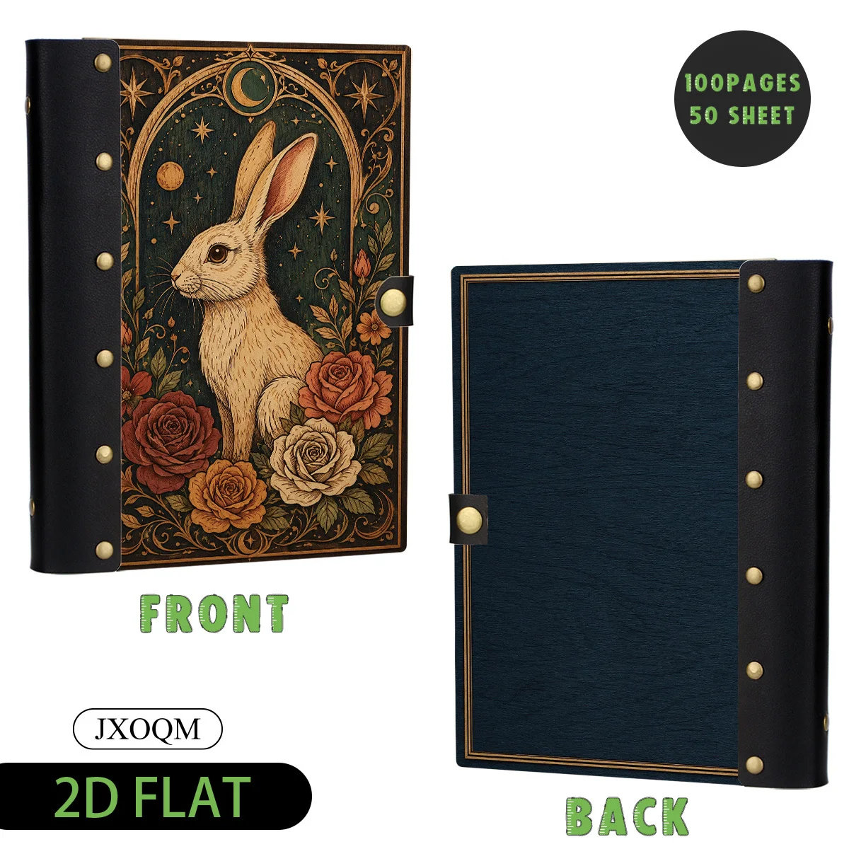 1PC Celestial Star Moon Rabbit Floral Wooden Hardcover Loose Leaf Notebook, 2D Flat Vintage Style, 6-Hole Metal Ring Binder