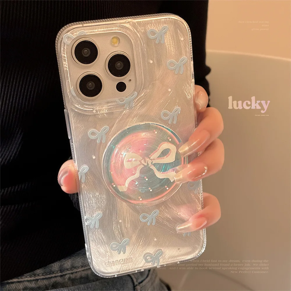 Korean Blue Bowknot Phone Case With Laser Bracket For iPhone 17 Air 15 14 13 12 11 16 Pro Max Shockproof Protective Hard Cover - view 2