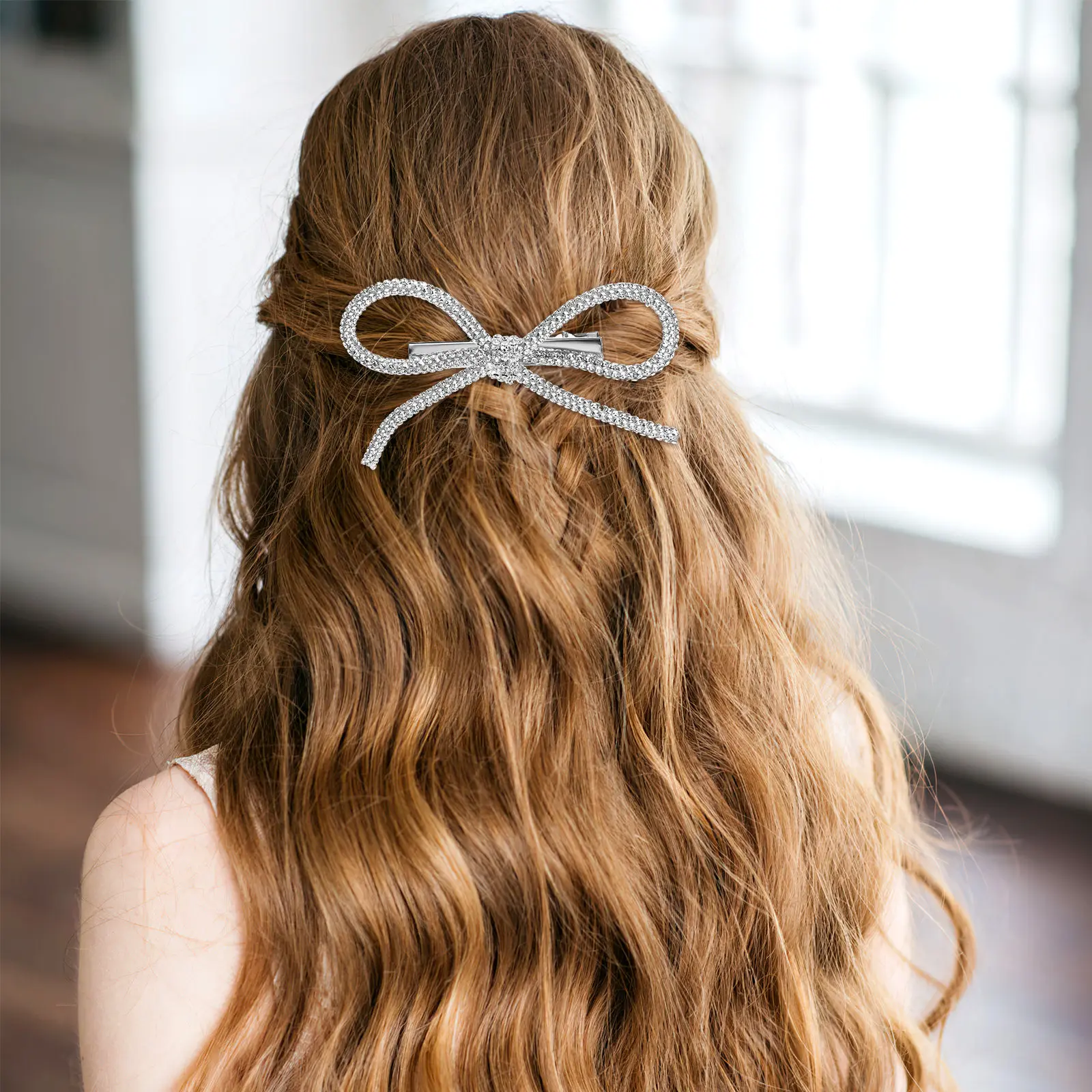 

4Pcs Bow Hair Clips Rhinestone Hair Accessories Lightweight Comfortable All Day Wear for Engagement Wedding Birthday Prom Events