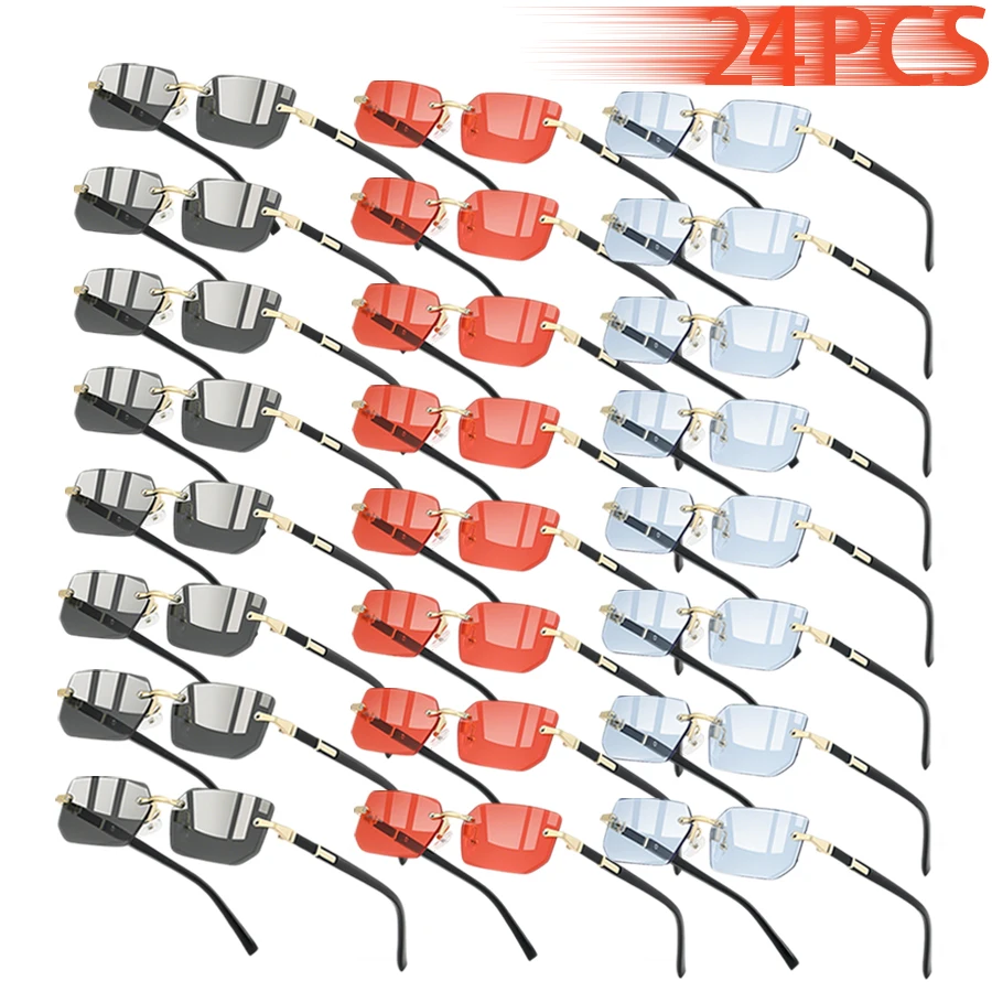 24PCS Gradient Lens Square Rimless Business Rectangle Fashion Sunglasses Women Men Fashion Colored Lenses Metal Frame Glasses