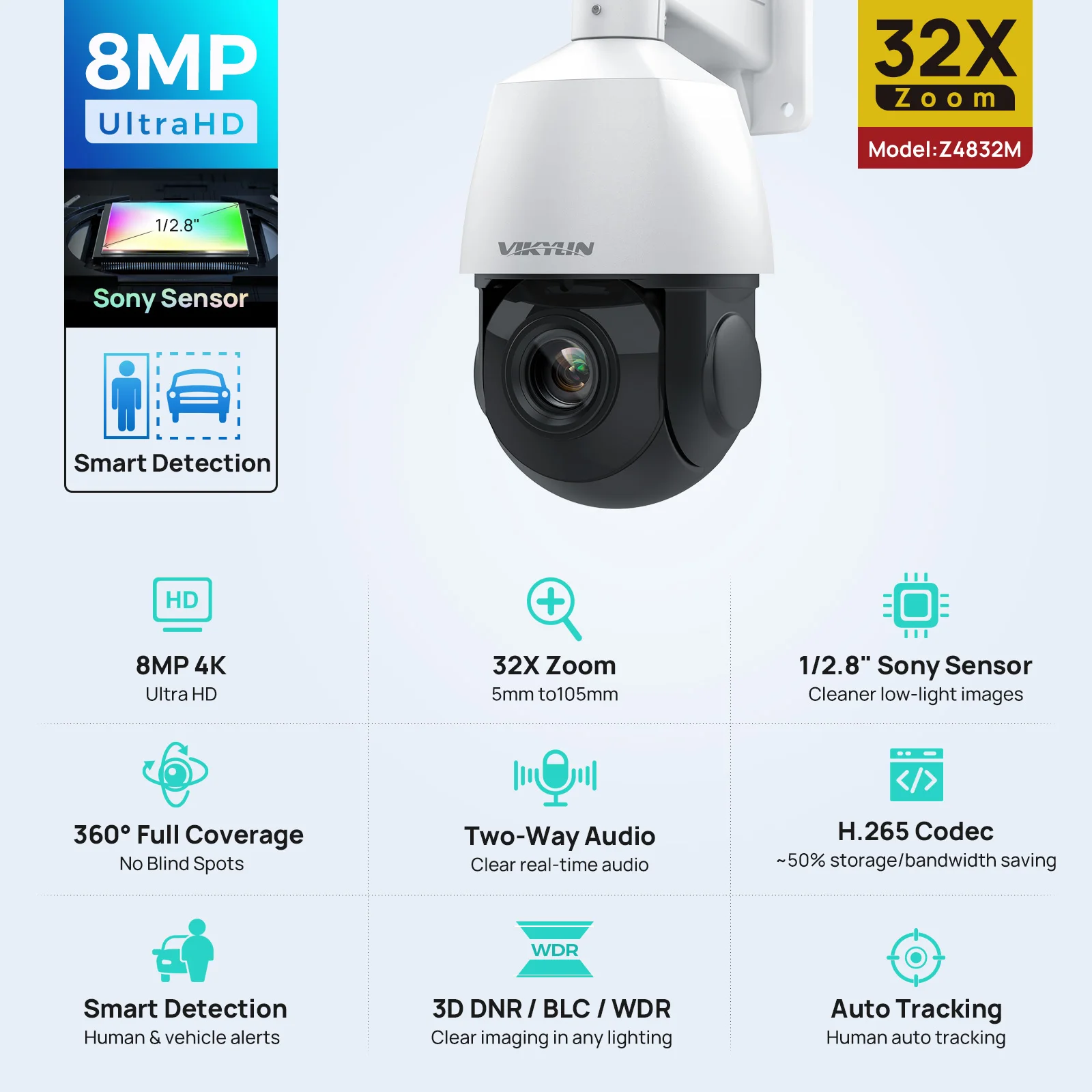 Vikylin 4K 8MP PTZ 32X Zoom 100M IR Night Vision IP Camera Human Auto Tracking MD2.0 Security Surveillance Camera So-ny Sensor