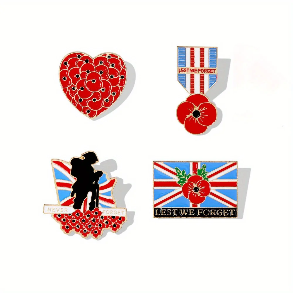 1pc Lest We Forget Pin Poppy Flower Brooch Heart Lapel Hat Bags Badge Brooch Decorations Memorial Day Gifts