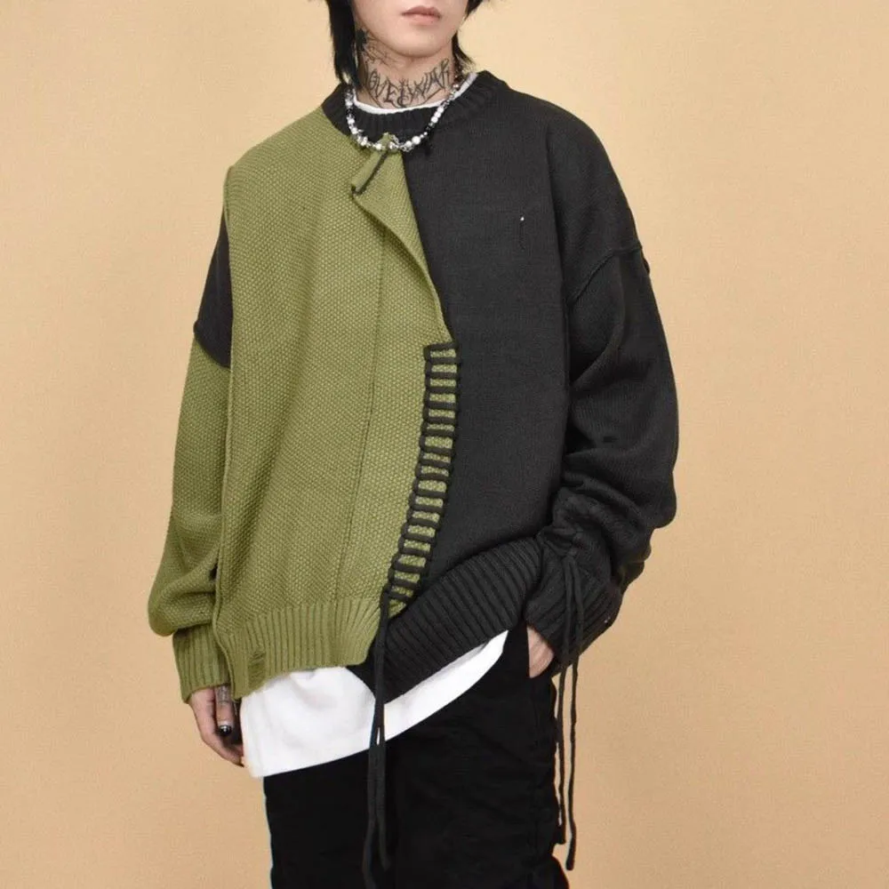 

Мужской свитер с нерегулярной строчкой, контрастный цвет, вязаный свитер, осенняя уличная одежда, модный нишевый топ с длинными рукавами, мужская одежда