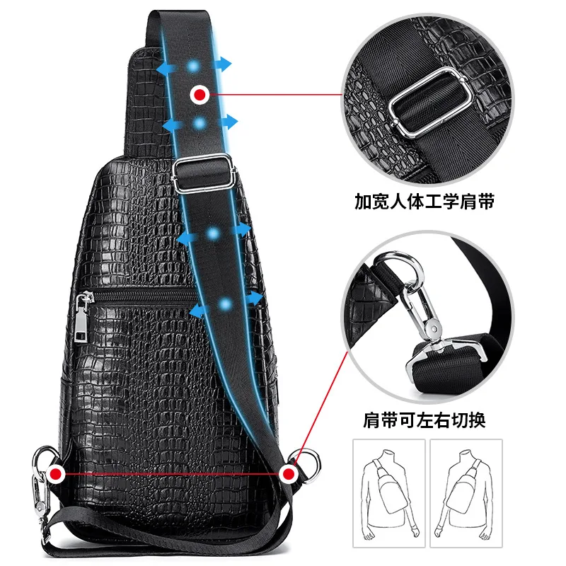 Crocodile pattern men's single-shoulder chest bag, top layer cowhide crossbody bag, men's large-capacity front crossbody bag