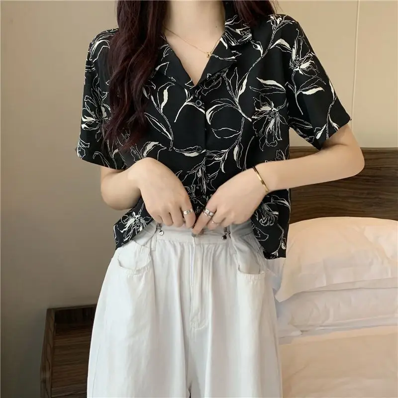 Short Sleeve Printing Blouse Polo Neck Button Thin All-match Short Casual Shirt Tops Summer New Fashion Trend Women Clothing