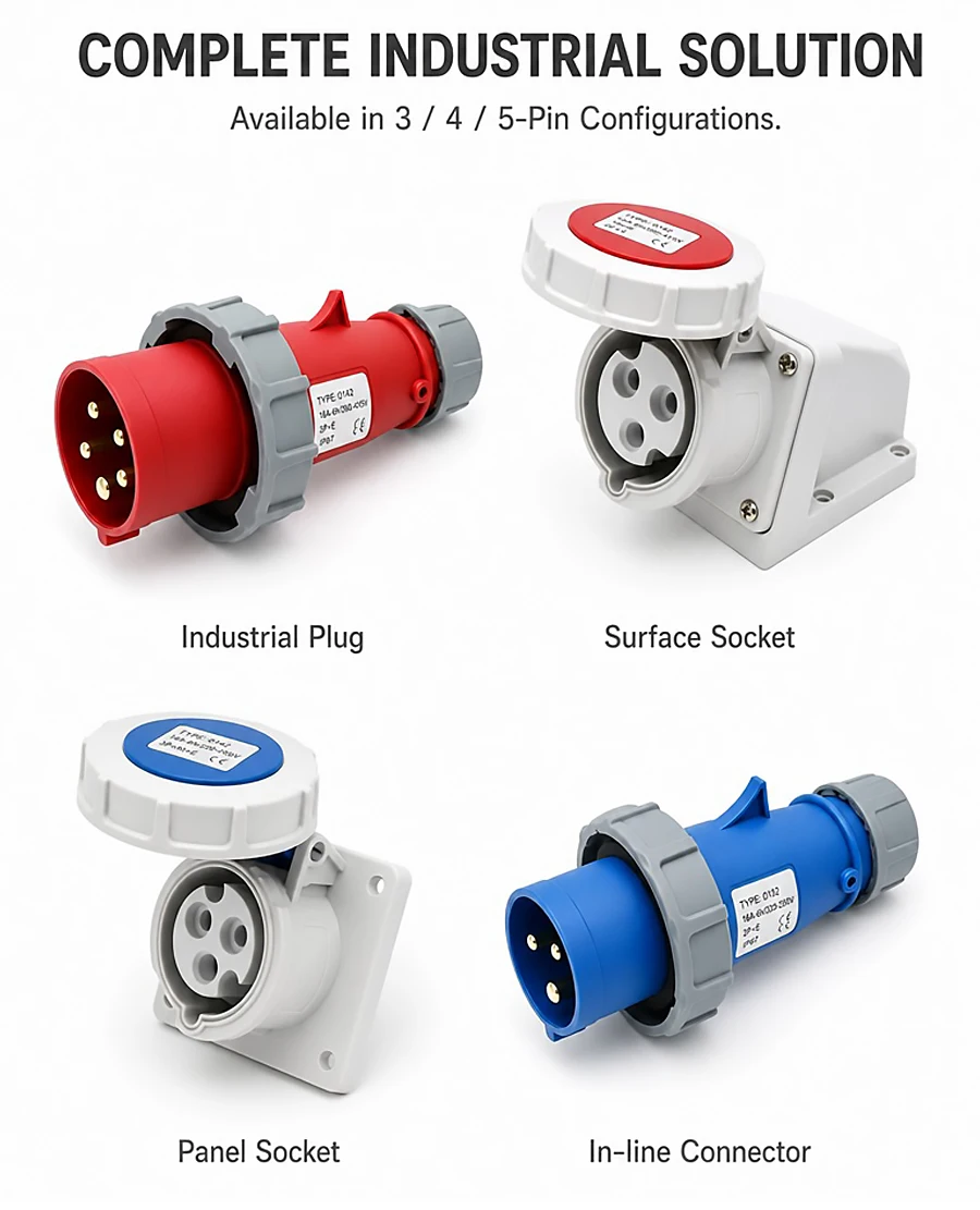 IP67 16A Waterproof Industrial Plug Socket – 3/4/5 Pin 220V/380V, Male & Female with Copper Contacts, Surface or Flush Mount T&I Online Store