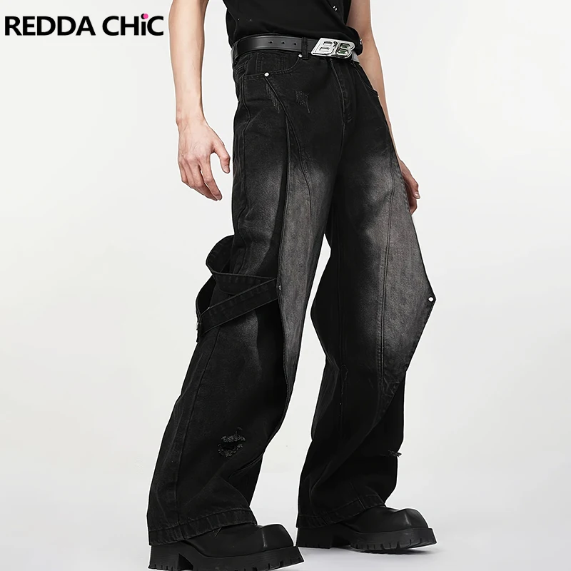 REDDACHIC Belt Deconstructed Black Baggy Jeans Men Ripped Frayed Do Old Low Rise Straight Casual Wide Pants Y2k Retro Streetwear