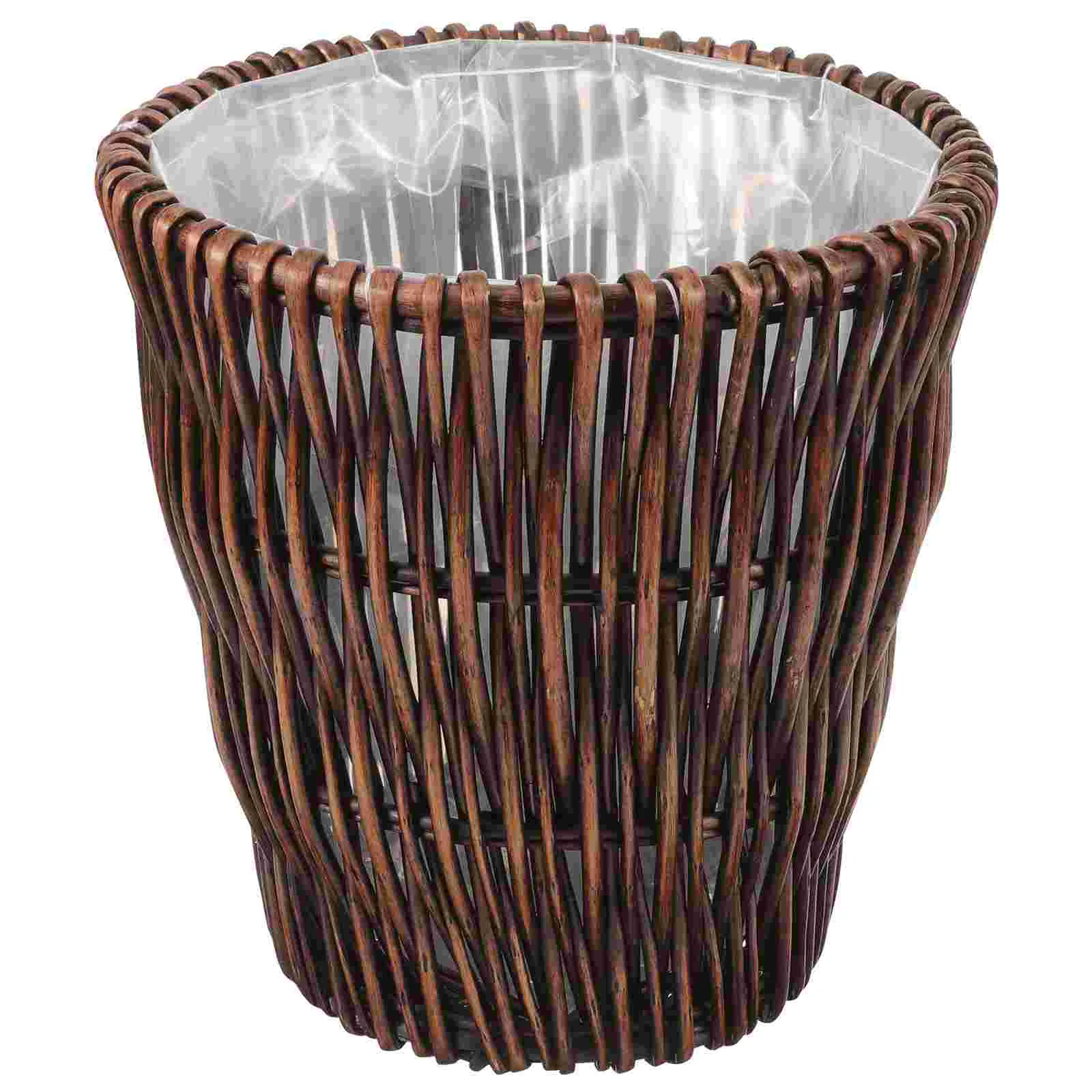 Rattan Trash Can Office Household Basket Woven Waste Paper Hamper Pots for Plants Hand Chinese Style