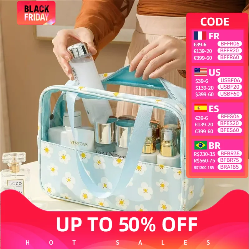 

Sweet Macaron Printed Transparent Cosmetic Bag Large Capacity Splicing Handbag Travel Portable Toiletry Bag Storage Bag