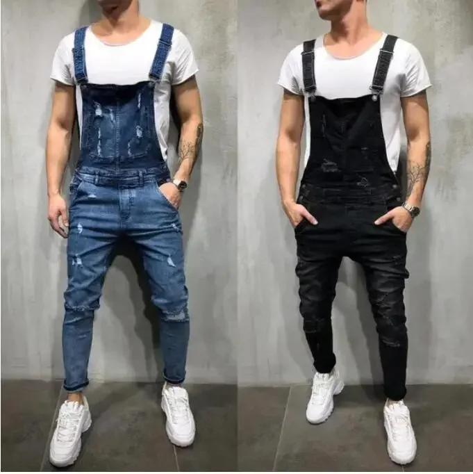 

Men Jeans Denim One Piece Overalls Pencil Pants Pockets Ankle Length Mid Waist Slim High Street Slim Washing Holes Casual