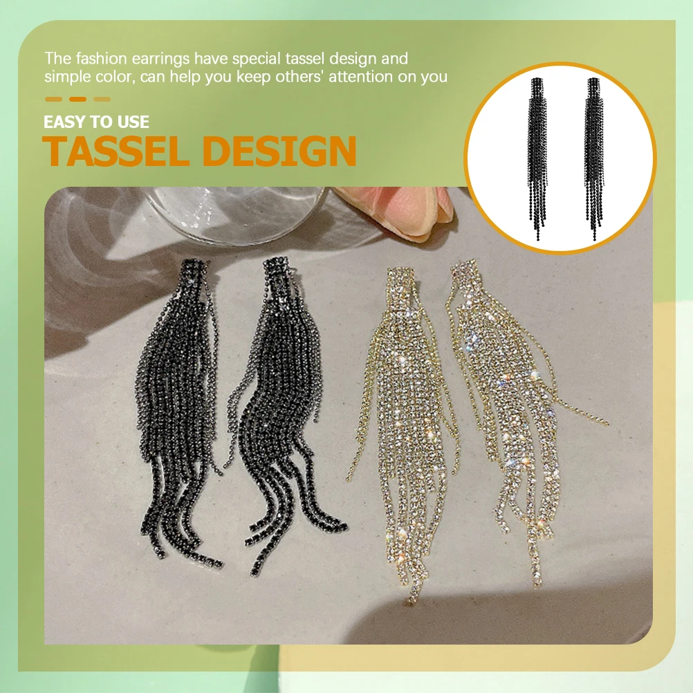 フルダイヤモンドラインストーンタッセルイヤリング女性のためのロングブラブラステートメントゴールデントレンディドロップイヤリング軽量パーティー結婚式