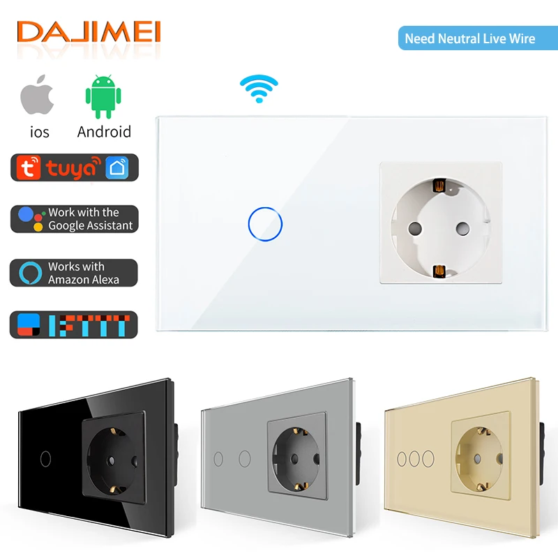 DAJIMEI Wifi Wall Touch Switches with Normal EU Socket Glass Panel 1/2/3Gang Smart Light Switches Google Alexa Tuya App Control