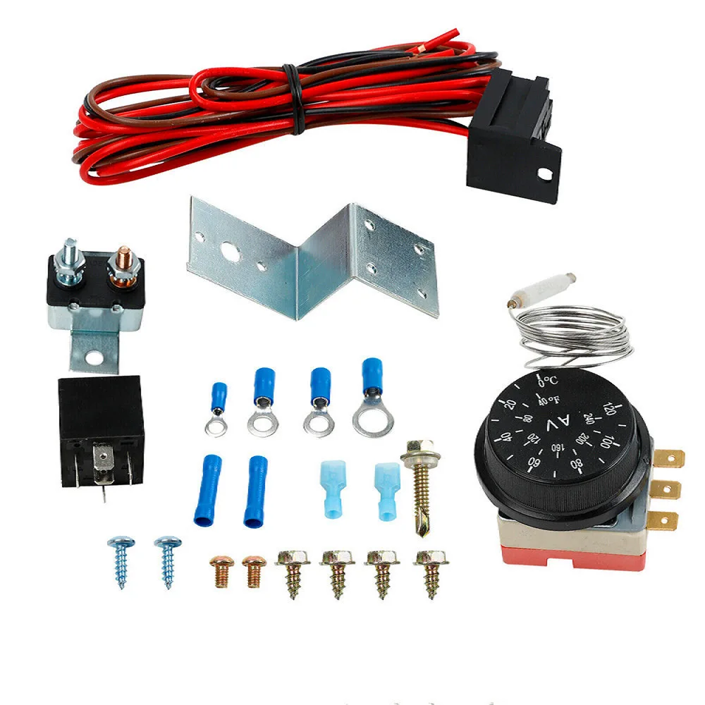 

0-240'F Adjustable Temperature Electric Radiator Fan Thermostat Sensor Switch Probe Controller Relay Wiring Kit 12V 60A