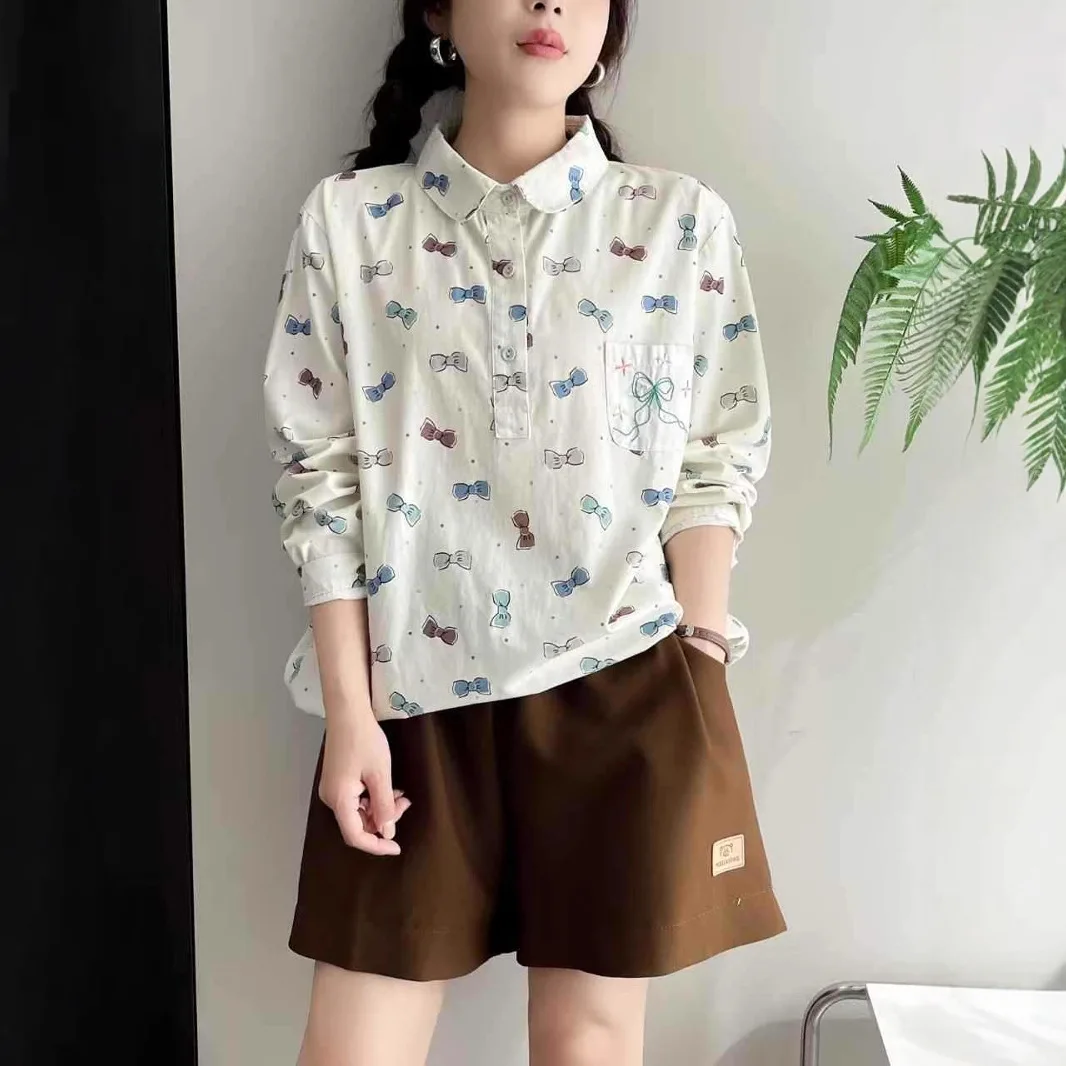 Spring New Japan Style Kawaii Cartoon Printed Cotton Shirts Women Mori Girl Turn Down Collar Casual Loose Blouse Tops