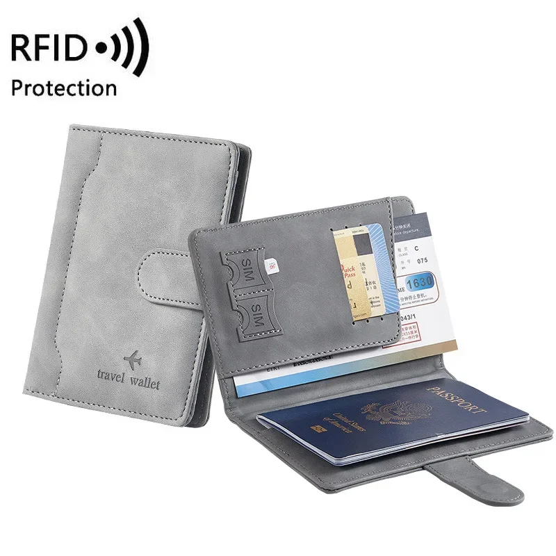 Dompet paspor RFID wanita, dompet paspor PU anti-maling, dompet perjalanan, tempat kartu kredit ID Bank pria dengan gesper magnetik