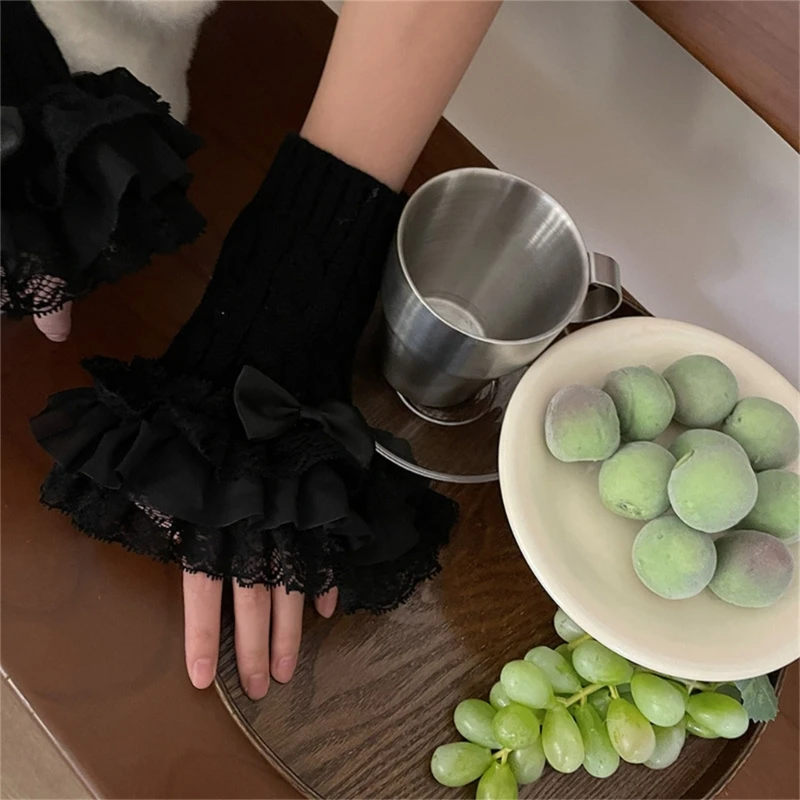 Y2K Bridal Cuffs Knitted Sleeves for Wedding Party Black White Y2K Accessories Short Lace Cuffs Fingerless Dropshipping