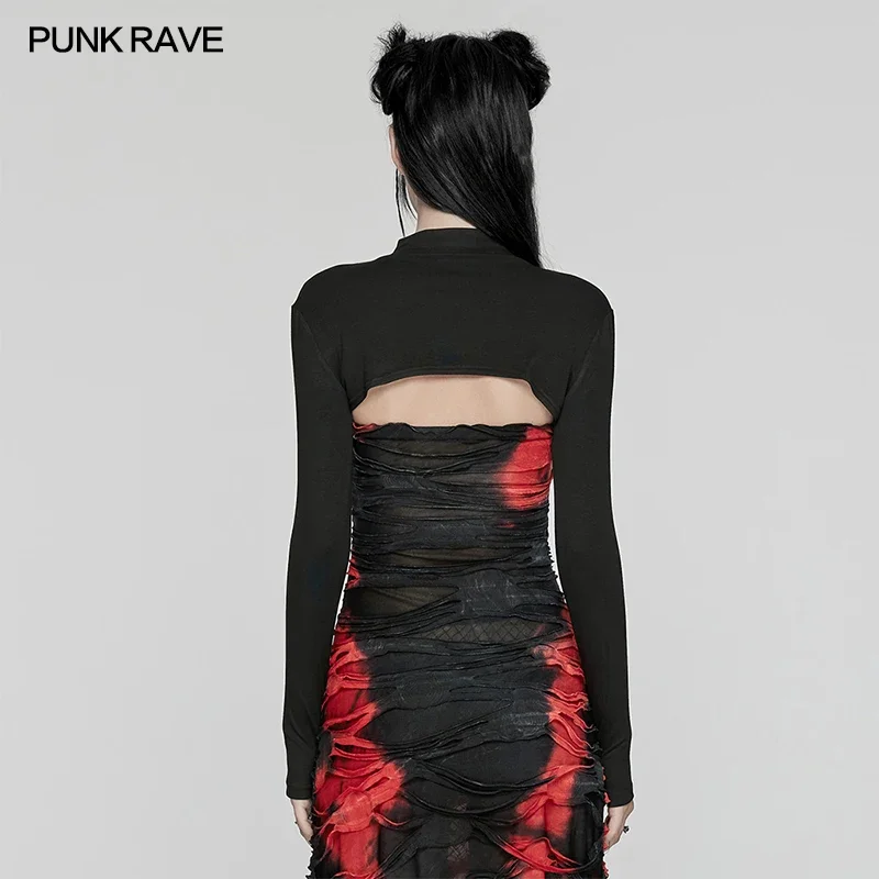 PUNK RAVE Punk Minimalist Soft Elastic Knitted Long Sleeve T-shirt Ultra Short Body Slim Finger Holes Black Tees Tops