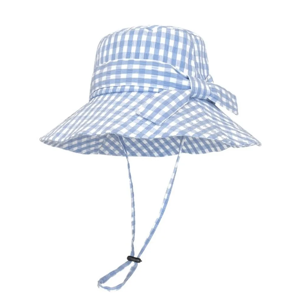 New Fine Plaid Pattern Fisherman Hat Wide Brimmed Windproof Rope Basin Cap Breathable Bow Folding Sun Cap Women
