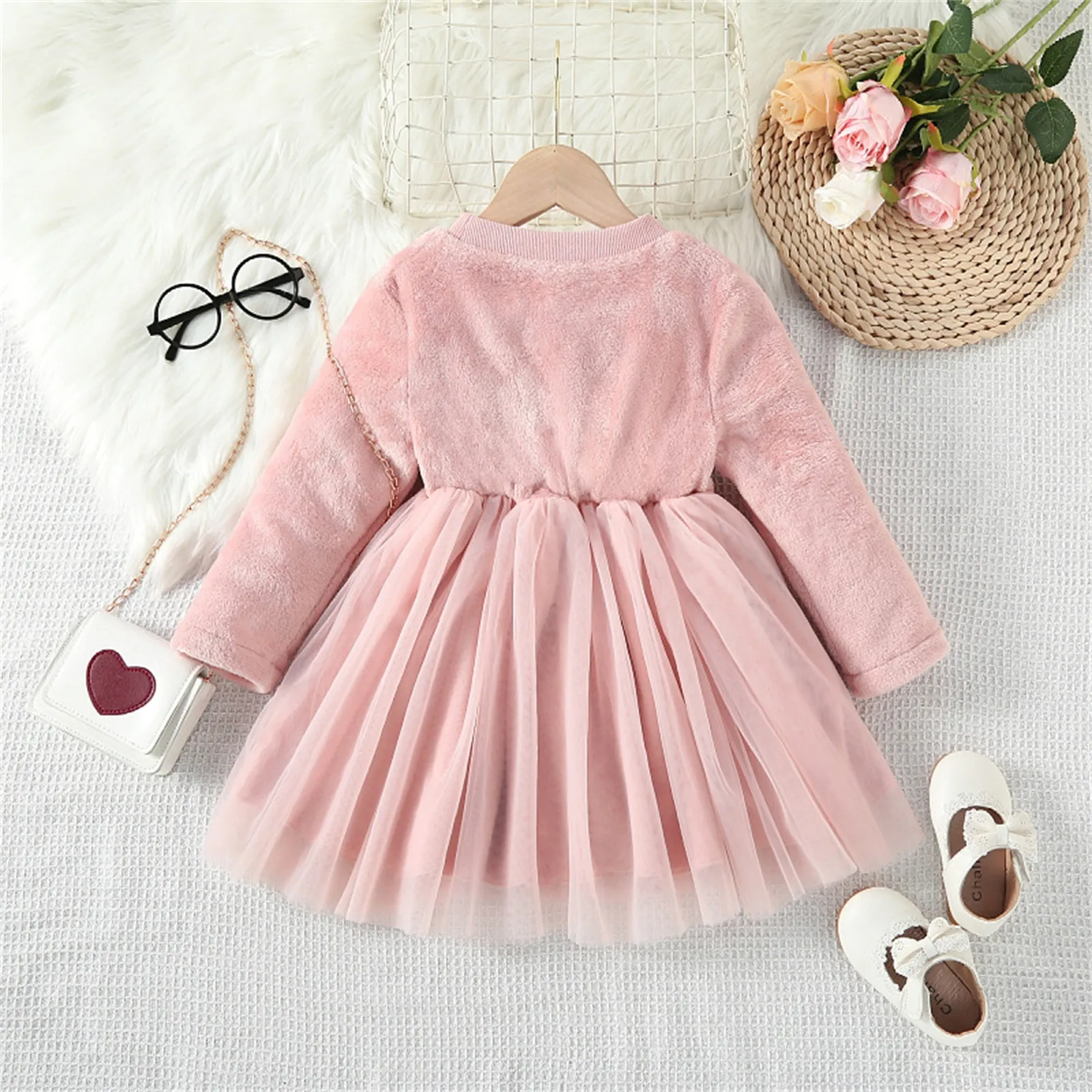 Bow Tie Fleece Warm Princess Dress For Girls 3 4 5 6 7 Years Kids Girls Solid Color Long Sleeve Mesh Tulle  Dress Party Outfits