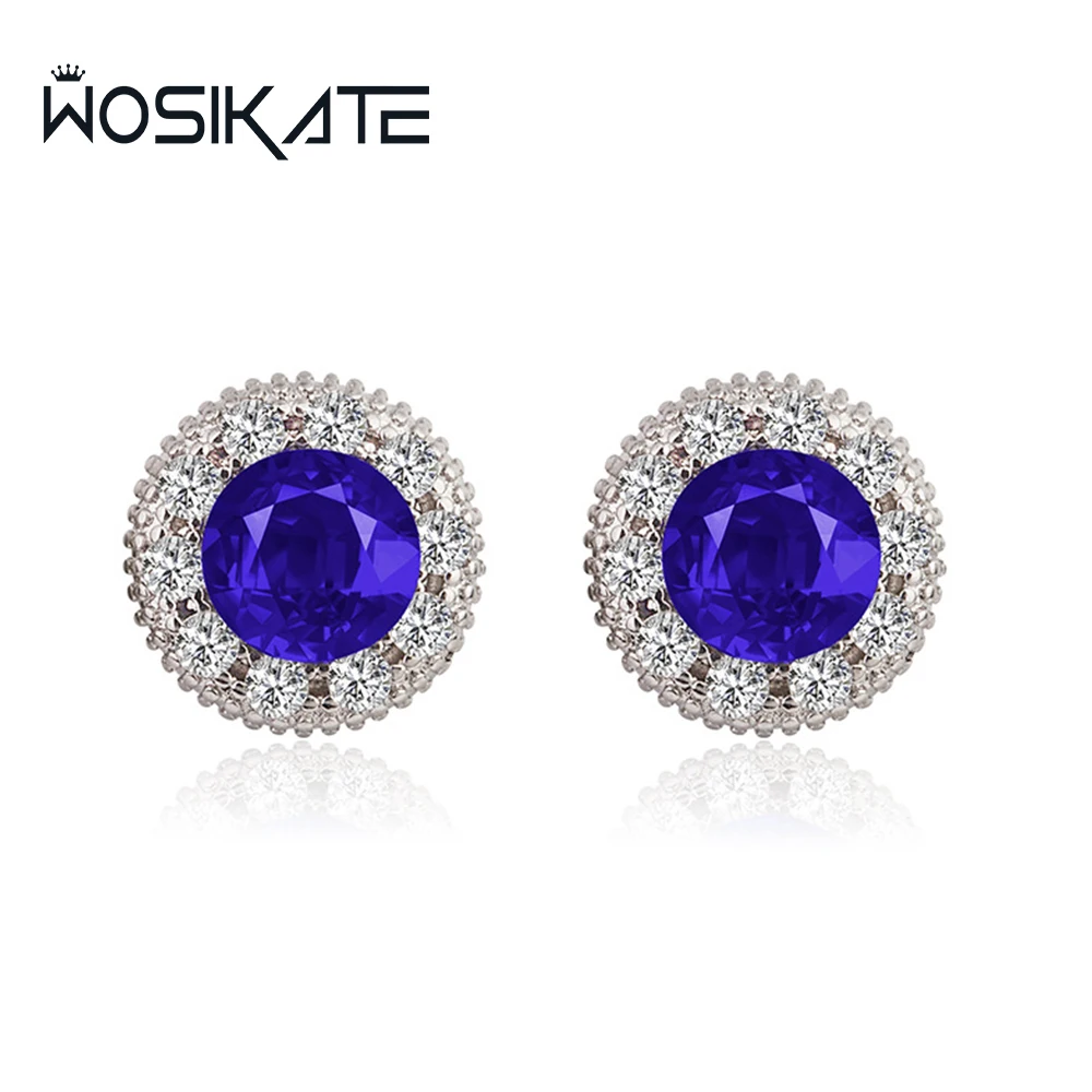 

WOSIKATE Korean 925 Sterling Silver Round Sapphire Stud Earrings For Women Fashion Jewellery Ruby Zirconia Earrings Accessories