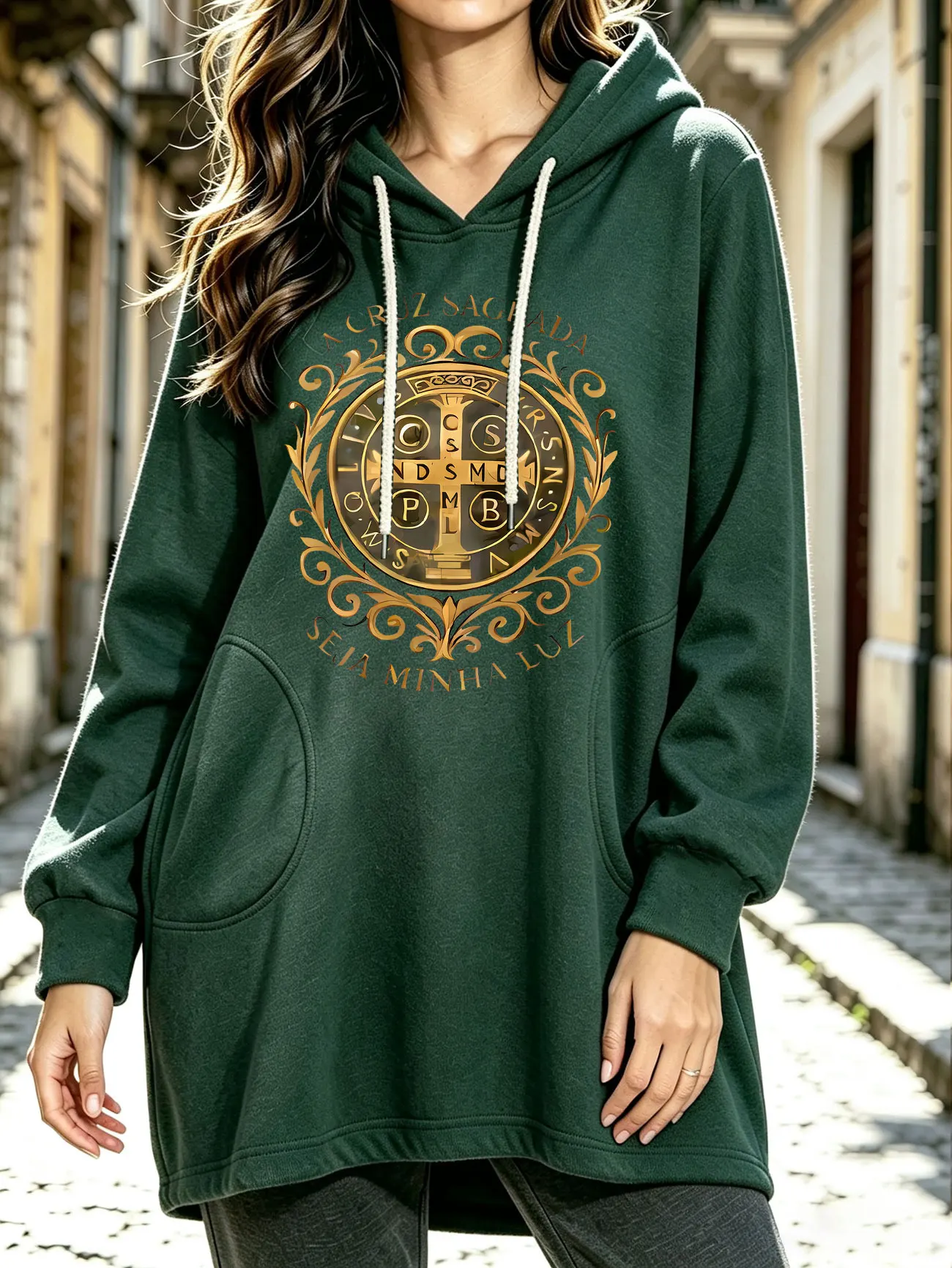 Women Autumn Winter Hoodie, Saint Benedict Medal Cross Pattern with A CRUZ SAGRADA SEIA MINHA LUZ Print Casual Hooded Sweatshir