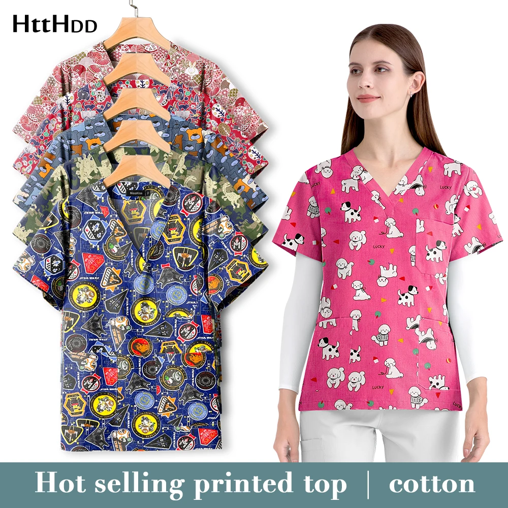 

Nurse Scrubs V-neck Short Sleeved Shirt Breathable Workwear Women Men Hot Selling Personalized Printed Scrub Top Medical Blouses