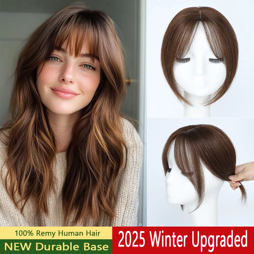 

12-дюймовые коричневые топперы для женщин, топпер из натуральных человеческих волос с тонкой челкой, на заколке для наращивания волос 360 ° Чехол для истонченных волос